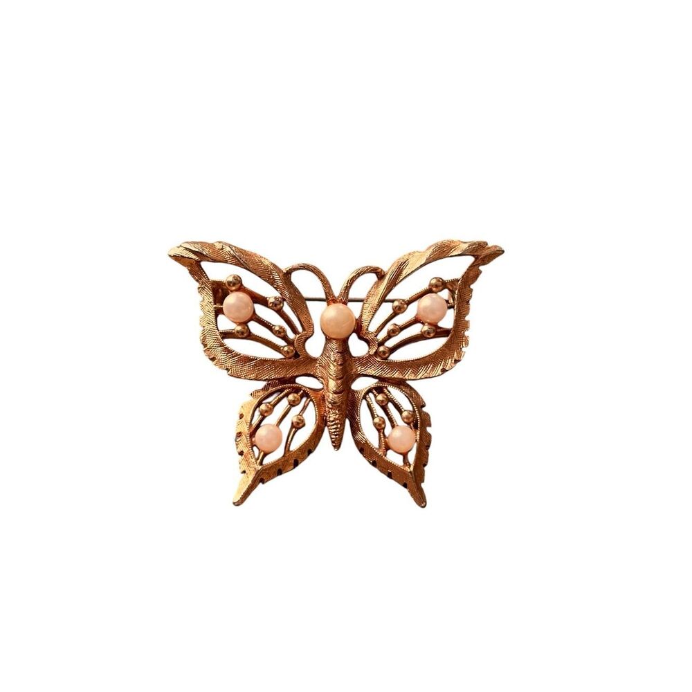 Vintage Butterfly Brooch Faux Pearls Gold Tone Open Metal